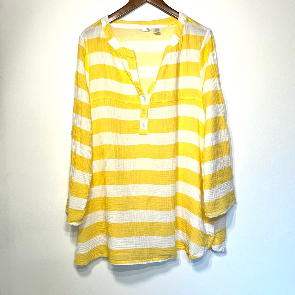 Kaktus gauzy cotton yellow white striped roll tab sleeve popover blouse …